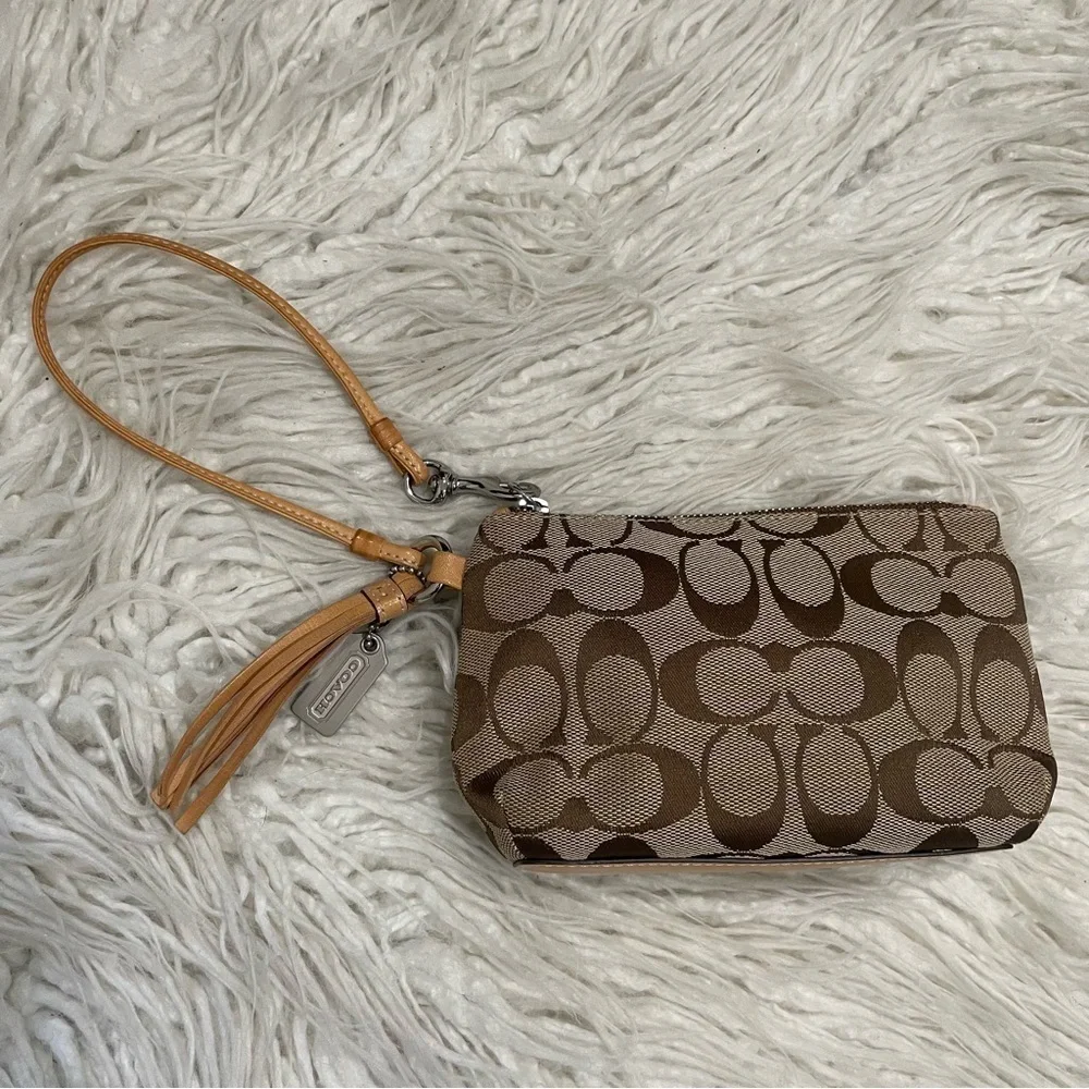 Coach Tan Brown Signature Logo Material Leather Strap Zip Top Wristlet Bag EUC
